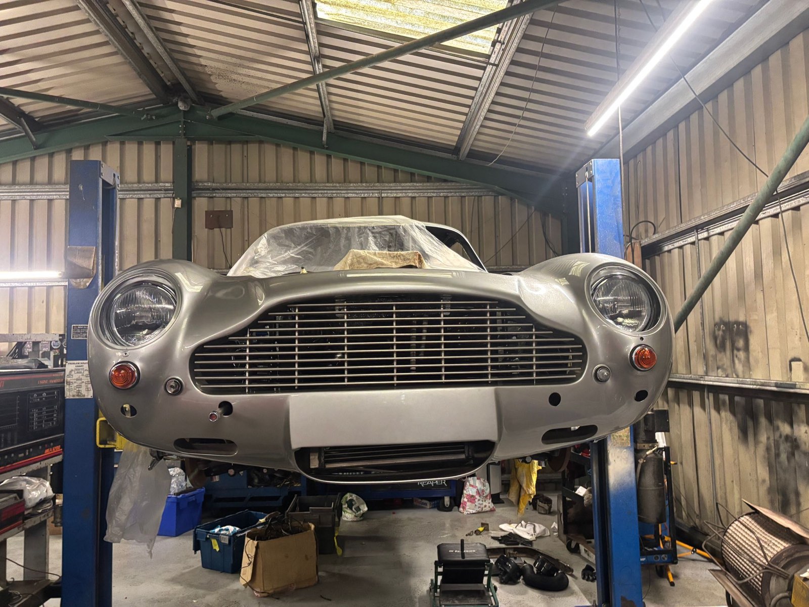 The nose in Silver Birch on the lift, with the grille fitted.